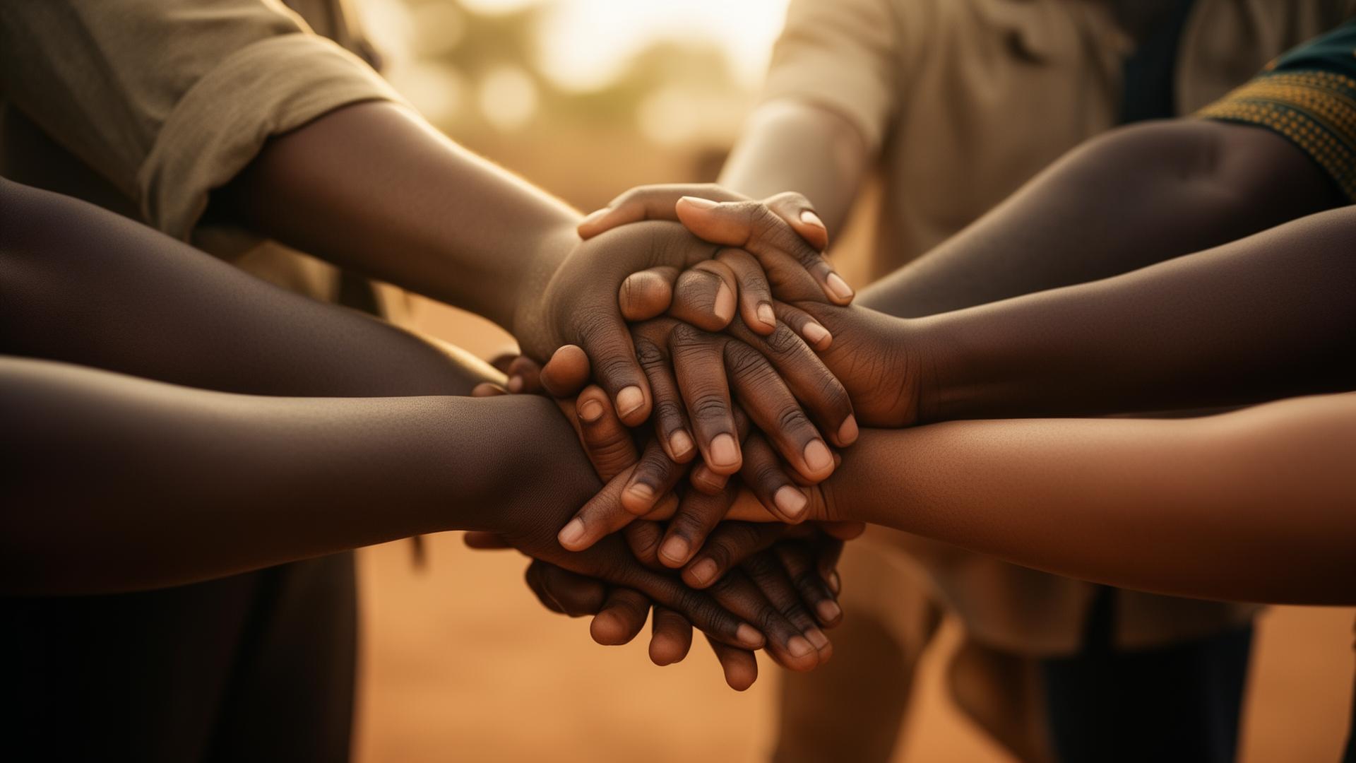 Many Nigerian hands joined together representing community defence and solidarity