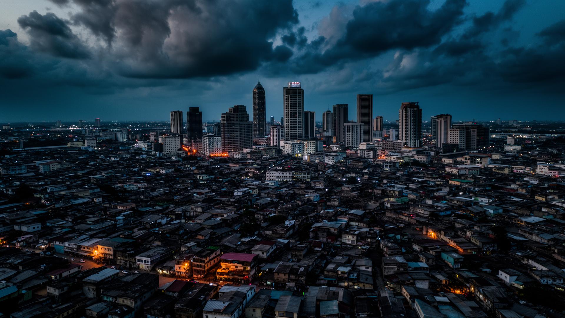 Lagos skyline at dusk showing the contrast between modern towers and dense neighbourhoods
