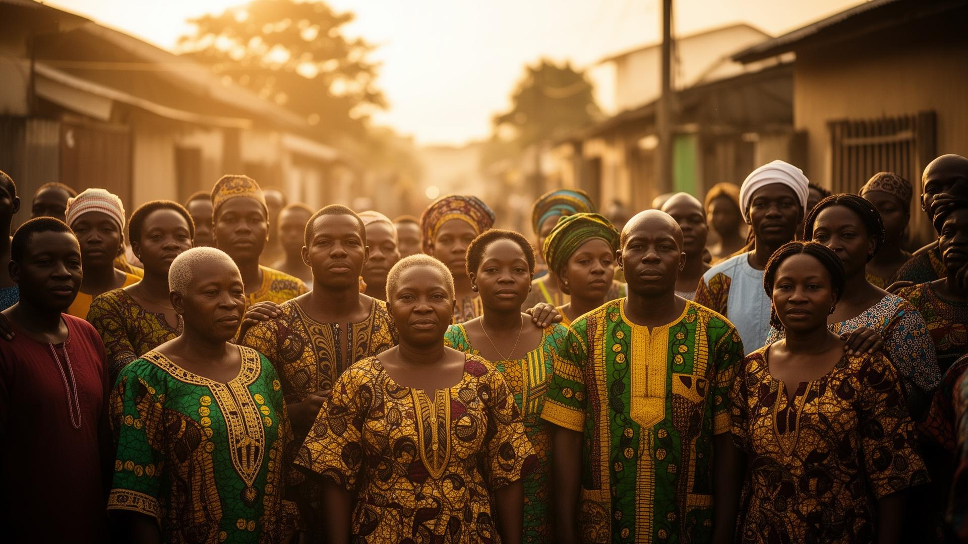 Nigerian community standing together at golden hour, symbolising unity against insecurity